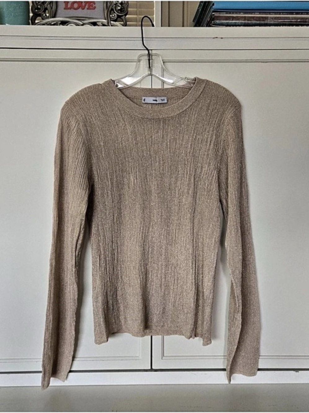 Mango Shimmery Beige Ribbed Crewneck Sweater
